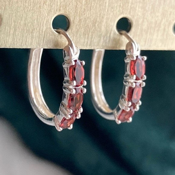 Jewelry - 925 Garnet & Sterling Silver Hoop Earrings Pierced Gemstone